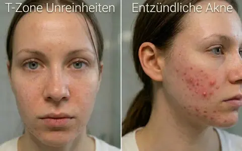 Zwei Bilder einer jungen Frau mit unreiner Haut. Links: T-Zone mit Rötungen und Pickelchen. Rechts: Entzündliche Akne im Gesicht.