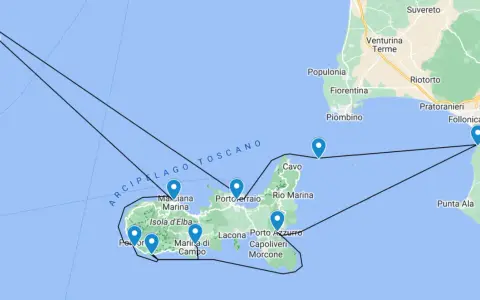 Karte zeigt eine Segelroute im toskanischen Archipel, mit Stationen auf Elba und Capraia.