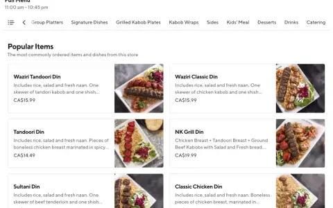 Explora los diferentes tipos de menú de DoorDash, con platos populares como Waziri Tandoori Din y Classic Chicken Din.