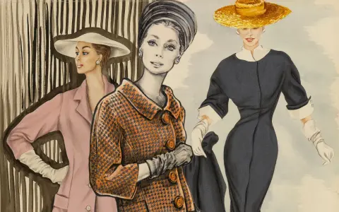 Tre eleganti donne della moda italiana sfoggiano abiti chic: un tailleur rosa, un cappotto arancione pied-de-poule e un vestito blu scuro con cappello di paglia.