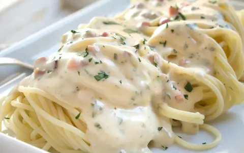 Cremige Spaghetti Carbonara mit Sahne, Speckwürfeln und Petersilie auf einem weißen Teller.
