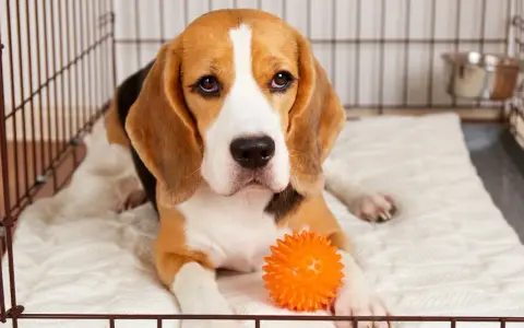 Smutny beagle leży w klatce kennelowej z pomarańczową piłeczką.