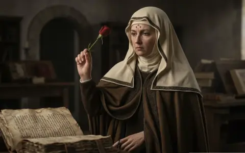 Kobieta w habicie trzyma czerwoną różę, obok leży stara księga. W tle biblioteka. Modlitwa do św. Rity.