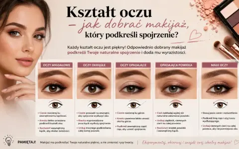 Poradnik makijażu oczu dla różnych kształtów: migdałowych, okrągłych, opadających i małych.