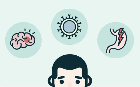 Illustration av en person med symboler för hjärna, virus och mage. Dessa kan vara tecken på inre stress symptom.
