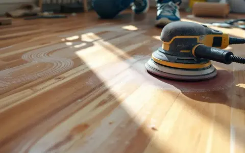 Une ponceuse orbitale laisse une fine poussière sur un parquet en bois, prête pour le nettoyage.