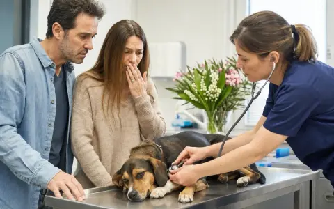 Un couple inquiet observe le vétérinaire ausculter leur chien, craignant une intoxication au laurier rose.