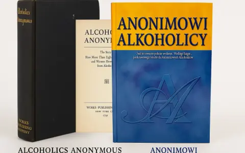Trzy książki: czarna z napisem "Alcoholics Anonymous", kremowa z tekstem "Alcoholics Anonymous" i niebiesko-żółta z tytułem "Anonimowi Alkoholicy".