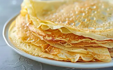 En hög med gyllene, tunna pannkakor på en vit tallrik. Perfekt för ett enkelt pankakor recept.