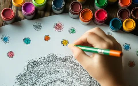 Mano che colora con una matita un disegno di mandala. Piccoli cerchi colorati e vasetti di pittura sullo sfondo.
