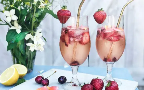 Två glas med drink med gin och prosecco, fyllda med is, jordgubbar och körsbär. Garnerade med jordgubbar och serverade med blommor och citron.