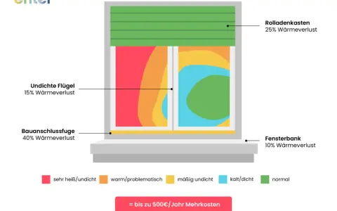 Darstellung eines Fensters mit Fensterbank, das Wärmeverluste zeigt. Rot bedeutet sehr heiß/undicht, Grün normal.