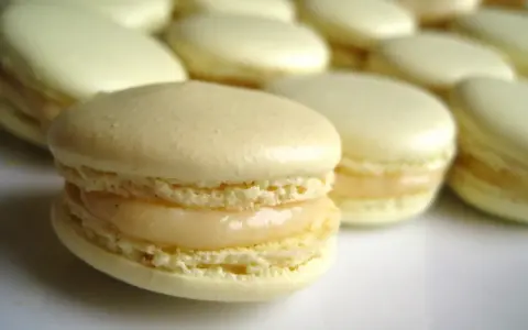 Un délicieux macaron meringue française, à la garniture crémeuse, se tient au premier plan, entouré d'autres macarons pâles.