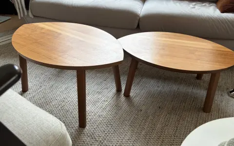 Två ovala soffbord i trä, liknande IKEA:s soffbord i Stockholm, står på en matta framför en soffa.