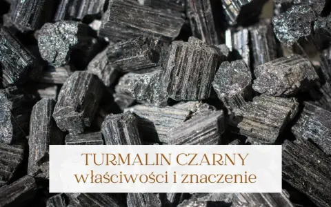 Grupka surowych kryształów turmalinu czarnego, błyszczących w świetle. Kamienie te mają wiele właściwości.