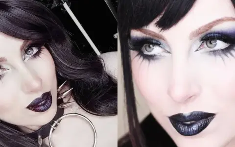 Mujer con maquillaje gótico: ojos dramáticos con sombras moradas y delineado, labios oscuros y pelo negro.