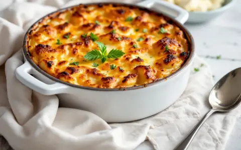 Un gratin de légumes doré et gratiné, garni de persil frais, prêt à être dégusté.