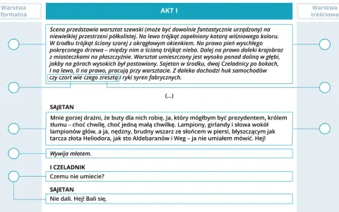 Fragment scenariusza teatralnego z opisem scenografii i dialogami.