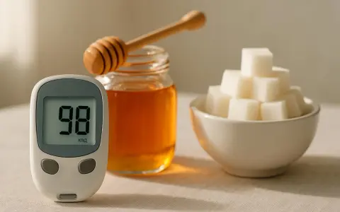 Glucosio a 98. Un barattolo di miele con un mestolo e zollette di zucchero. Il miele alza la glicemia.