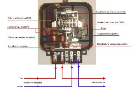 Interno di un contatore elettromeccanico con bobine, disco, magnete e contatori numerici.