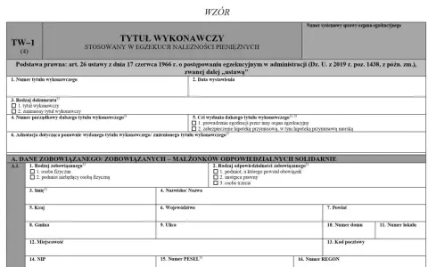 Formularz TW-1 (4) - wzór tytułu wykonawczego do egzekucji należności pieniężnych. Zawiera dane zobowiązanego.
