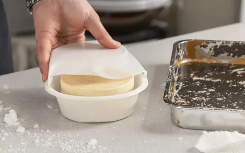 Hand hält eine weiße Silikonform mit einem Kuchen darin. Daneben eine schmutzige Metallform. Silikonbackform Nachteile: Reinigung kann schwierig sein.