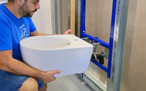 Un homme installe un bidet blanc, un élément essentiel pour une hygiène intime.