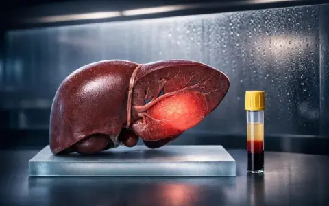 Fegato umano con un'area luminosa e una provetta di sangue. L'immagine evoca il concetto di esacerbazione, significato di peggioramento di una condizione.
