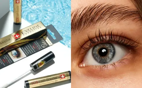 Długie rzęsy po użyciu serum Eveline SOS Lash Booster. Zestaw kosmetyków i zbliżenie na oko.
