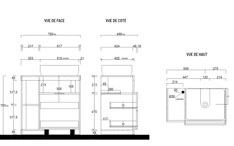 Plans techniques d'un meuble de salle de bain avec vasque à poser. La hauteur totale du meuble est de 780 mm.
