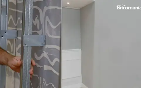 Instalación de perfiles metálicos para colgar en pladur. La pared ya está lista para recibir el revestimiento.