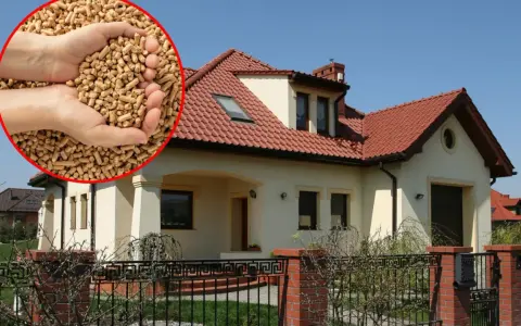Domy z czerwonym dachem i ręce trzymające pellet. Odkryj najtańsze ogrzewanie domu z ekologicznego paliwa.