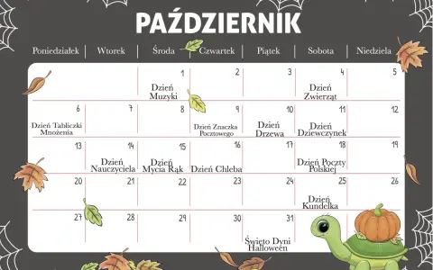 Październikowy kalendarz dni nietypowych z zabawnym żółwikiem i dynią. Zaznaczone święta: Dzień Muzyki, Zwierząt, Nauczyciela, Mycia Rąk, Chleba, Poczty Polskiej, Kundelka i Święto Dyni Halloween.
