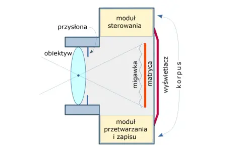 Schemat budowy aparatu: obiektyw, przysłona, migawka, matryca, moduł sterowania, moduł przetwarzania i zapisu, wyświetlacz, korpus.