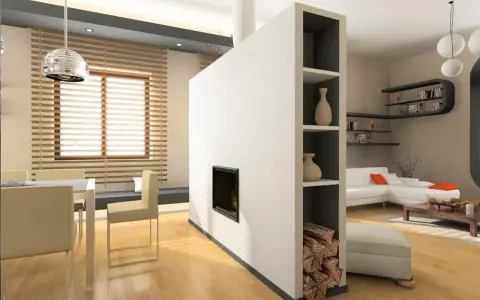 Moderne idee divisori in cartongesso: un camino integrato e libreria a giorno separano zona pranzo e soggiorno.