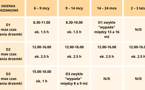 Tabela pokazuje, ile drzemek 4 miesięczne dziecko powinno mieć. W wieku 6-9 miesięcy dziecko ma 2-3 drzemki, każda ok. 1.5h.