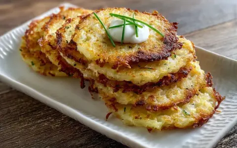 Pile de galettes de pomme de terre dorées et croustillantes, garnies d'une cuillère de crème fraîche et de ciboulette.