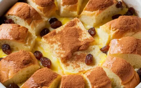 Pudding chlebowy z rodzynkami i cynamonem, pachnący jak domowe wypieki. Obok, w oddali, można dostrzec ślady puddingu ryżowego.