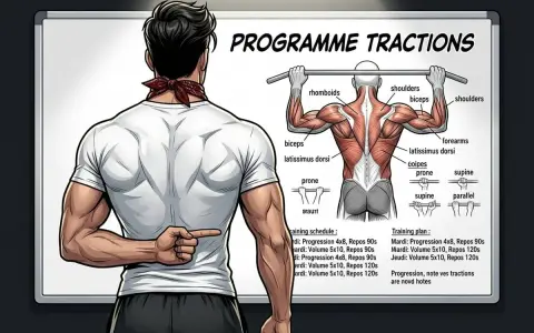 Un homme musclé montre un tableau expliquant le programme tractions, avec des schémas anatomiques et un planning d'entraînement.