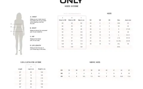 Tabela rozmiarów ONLY: rozmiar 16 odpowiada UK 44, EU 16, US 12, XL-XXL, jeans 34-35.