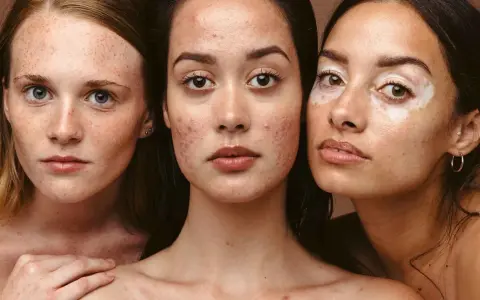 Drei Frauen mit unterschiedlichen Hauttypen: Sommersprossen, Akne und Vitiligo. Jede Haut verdient die passende mischhaut pflege.