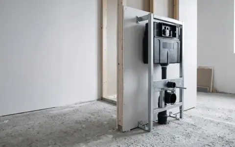 Estructura metálica para instalar un inodoro empotrado. Muestra el sistema de cisternas y tuberías, clave para saber como instalar un inodoro al suelo.