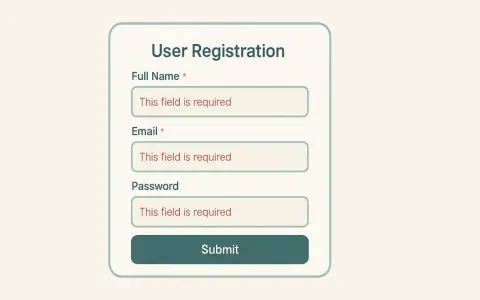 Formularz rejestracji użytkownika z polami: Imię i nazwisko, Email, Hasło. Pola wymagane, gotowe do wypełnienia w technologii html5.