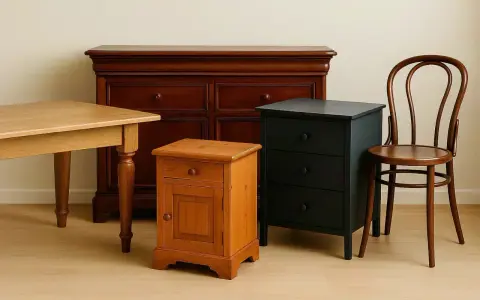Meubles anciens repeints : commode sombre, table en bois clair, chevet orangé et chaise courbée.