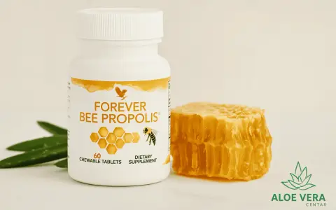 Biała butelka z napisem "FOREVER BEE PROPOLIS", obok plastra miodu i liści aloesu. Naturalne wsparcie na zawsze.