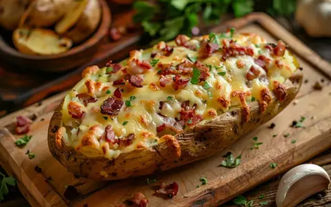 Pomme de terre farcie au fromage fondant et lardons croustillants, garnie de persil frais. Un délice réconfortant.