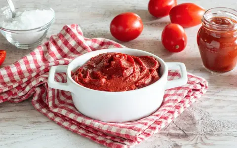 Un bianco contenitore con un denso macerato di pomodoro, circondato da pomodori freschi, sale e un barattolo di salsa.