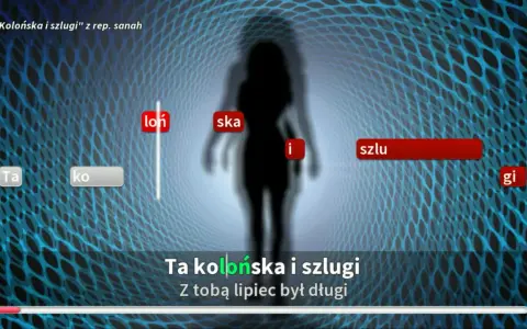 Ta kolońska i szlugi" z rep. sanah. Tekst piosenki wyświetlany na tle sylwetki kobiety w wirze.