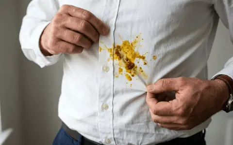 Mann zeigt gelbe Curryflecken auf weißem Hemd. Tipps zum Curryflecken entfernen gesucht.