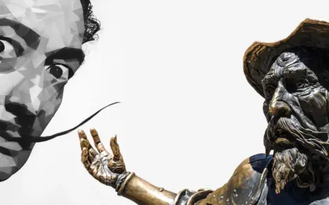 Volto stilizzato di un artista spagnolo famoso, Salvador Dalí, accanto a una statua di Don Chisciotte.